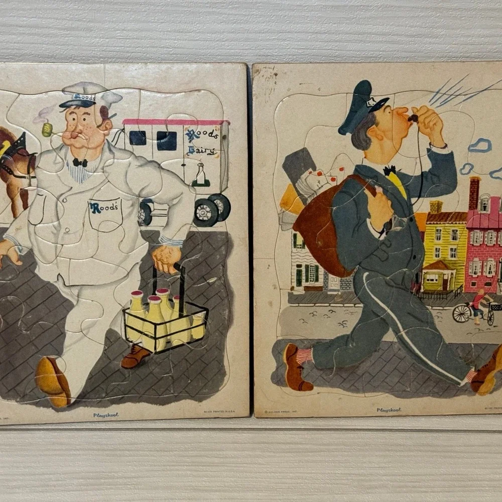 Vintage Playskool Inset Puzzles Milkman Mailman Made in USA Set of 2 MCM Folkart
